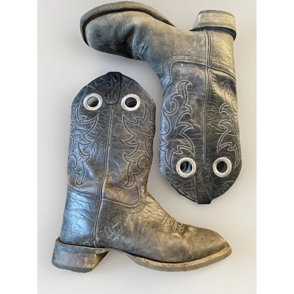 Old West Youth Leather Cowboy Boots Charcoal Black Size 5.5D Square Toe Western